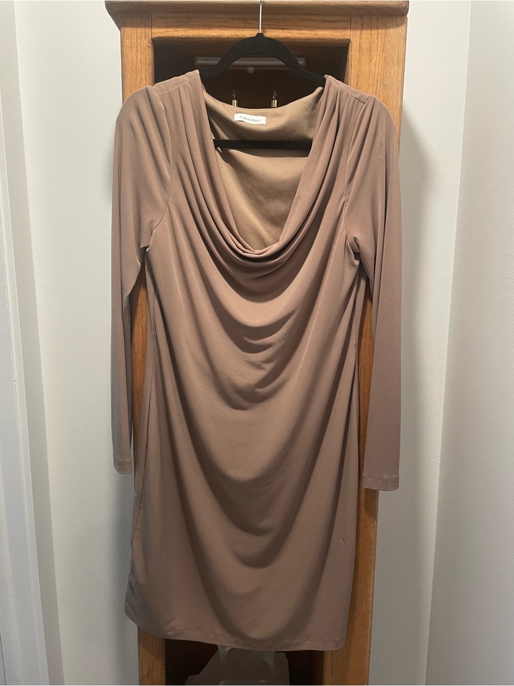 Calvin Klein Taupe Draped Cowl Neck Long Sleeve Dress